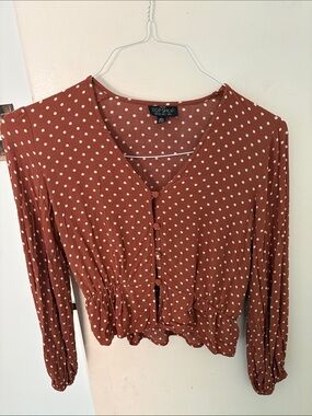 Topshop Rust Polka Dot V-Neck Buttoned Waist Blouse